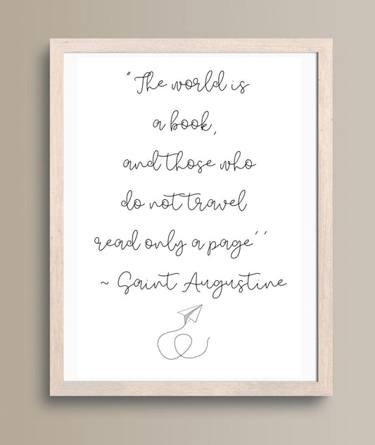 Travel Quote Print; ‘The world is a book...’ Saint Augustine. Cabin Crew. Traveller. Flight attendant