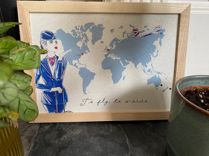 British Airways Cork Pin Board |World Map, To Fly To Serve | Roster, Rota, Schedule Pin Board | Cabin Crew Gift