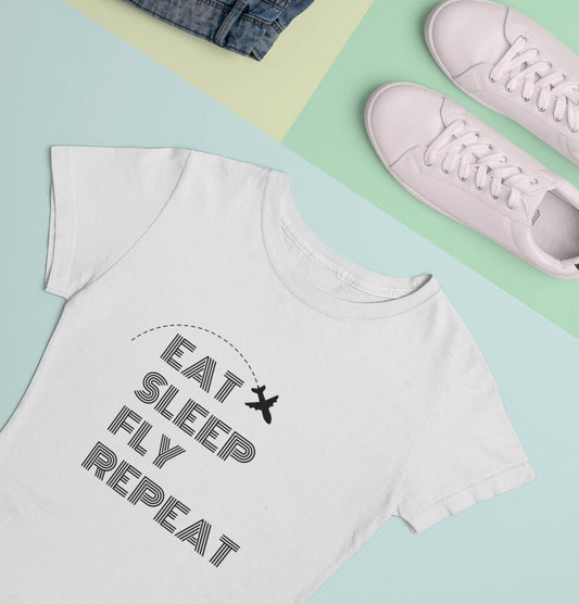 Eat Sleep Fly Repeat Women’s T-Shirt | Travel Aviation Themed Tee | Cabin Crew, Flight Attendant, Pilot Gift