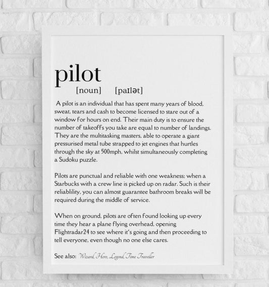 Pilot Definition Print | Funny Flight Crew Dictionary Definition