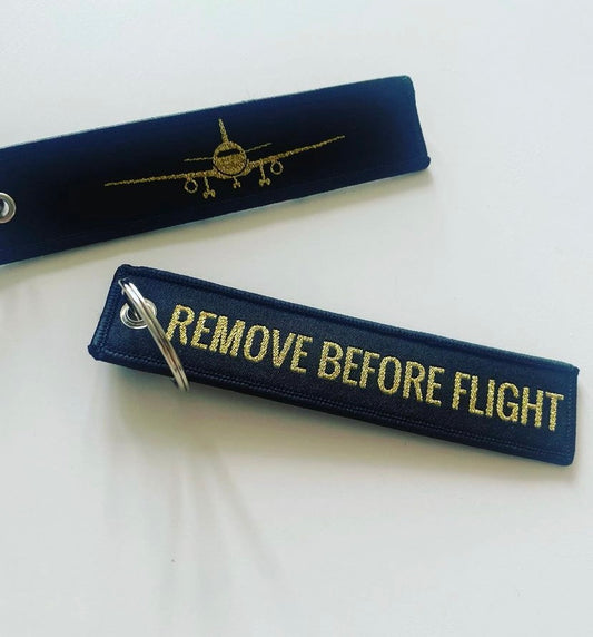 Black and Gold Remove Before Flight Keyring Bag Tag