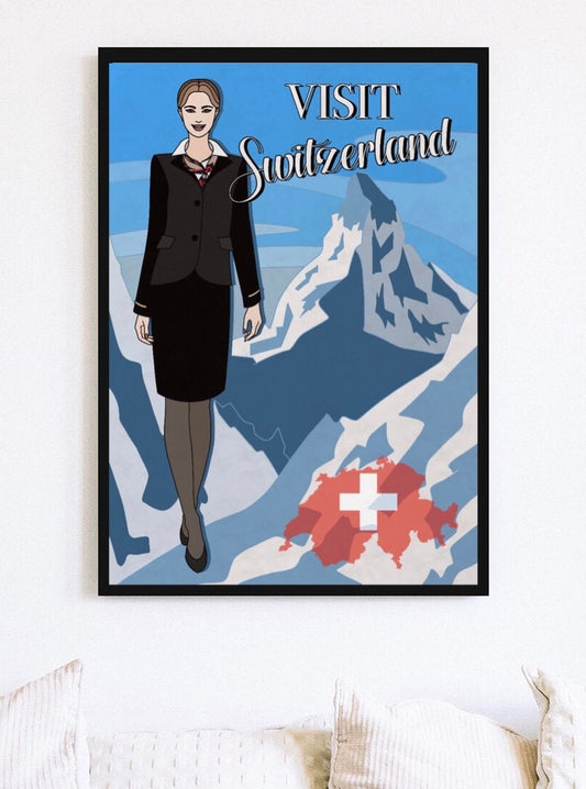 Visit Switzerland Retro Travel Poster | Swiss Air Flight Attendant Travel Print