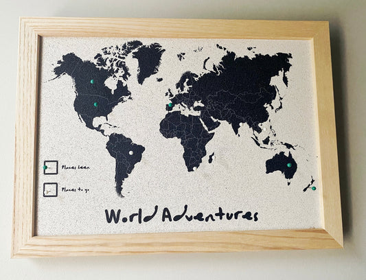 World Map Cork Pin Board | Customisable with your own text