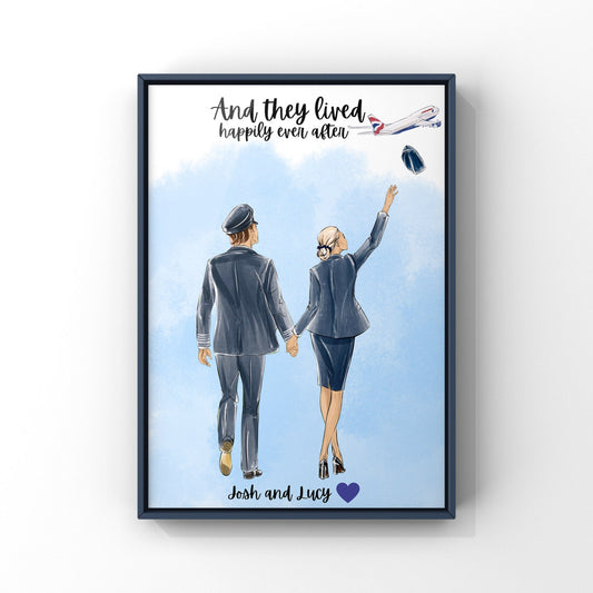 Personalised Cabin Crew Couples Print | Flight Attendant and Pilot Couple Poster | Valentines Gift | And They Lived Happily Ever After