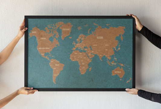 World Map Cork Pin Board | Black Frame Cork World Atlas | Travel Decor | World Map Frame